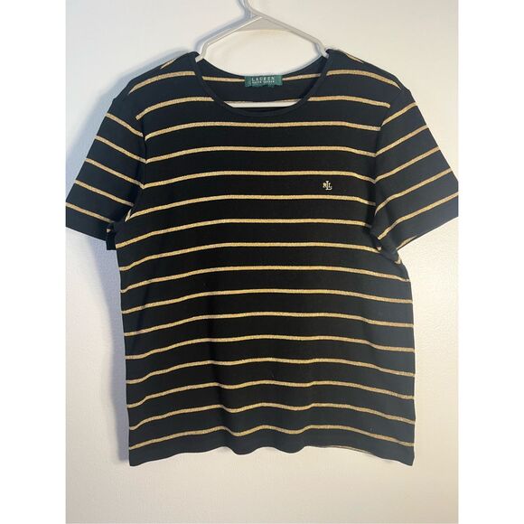 Lauren Ralph Lauren Large Black and Gold Sparkle Stripe Short Sleeve Blouse - Picture 1 of 4